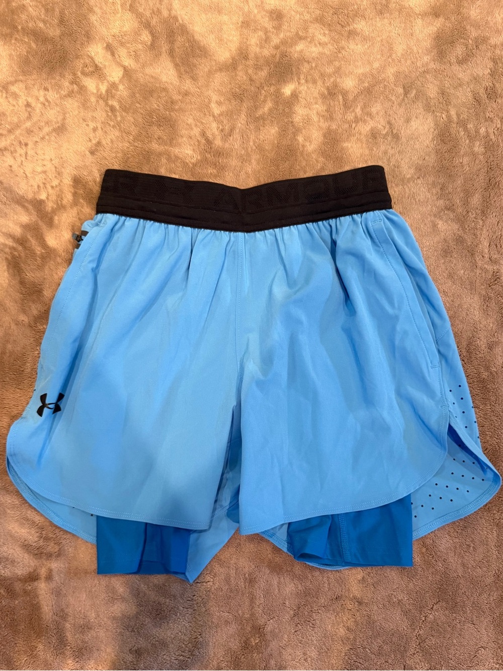 Under Armour Men’s Sky Blue Athletic 2-in-1 Shorts with Black Waistband